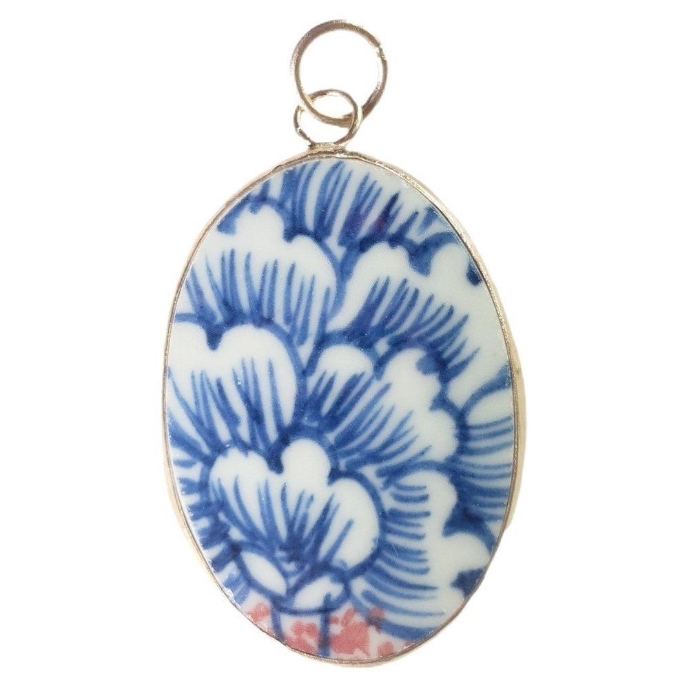 Blue & White Porcelain Floral Oval Pendant Broken‎ China Chinoiserie Jewelry